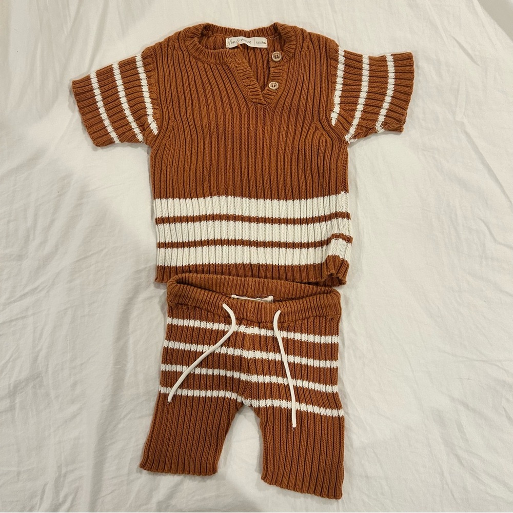 Fin and Vince Heritage Adobe Brown and White Striped Knit Set Organic Cotton